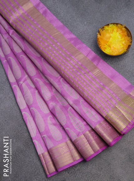 Semi raw silk saree lavender with paisley butta prints and zari woven border