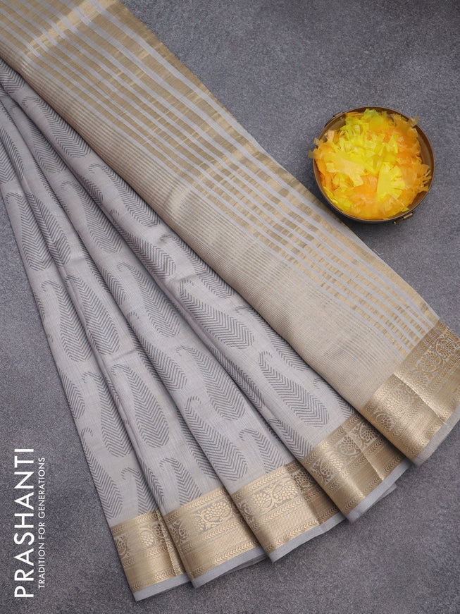 Semi raw silk saree grey with paisley butta prints and zari woven border