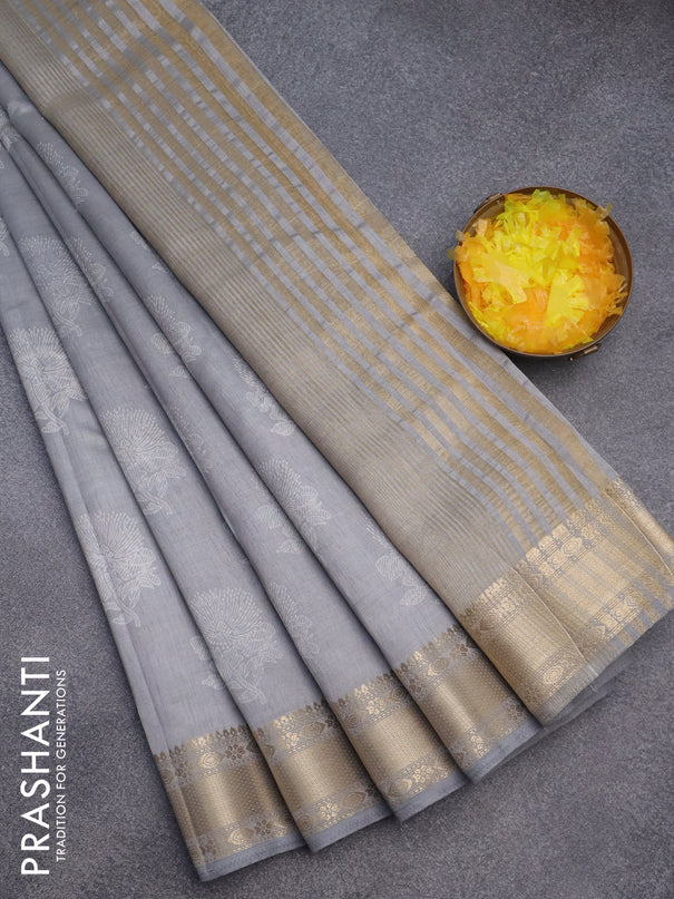 Semi raw silk saree grey with floral butta prints and zari woven border