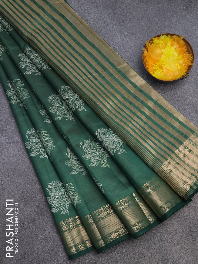 Semi raw silk saree green with floral butta prints and zari woven border