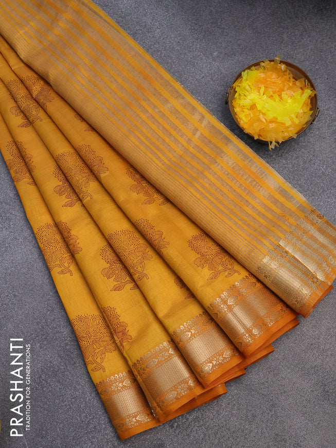 Semi raw silk saree mustard yellow with floral butta prints and zari woven border