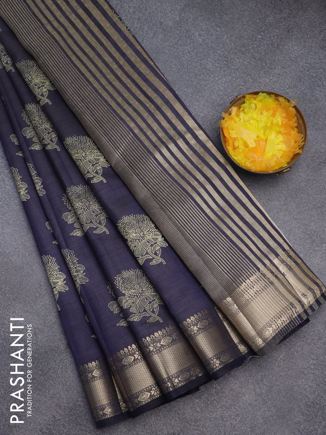 Semi raw silk saree navy blue with floral butta prints and zari woven border