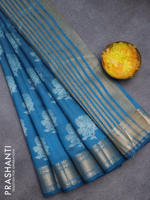 Semi raw silk saree peacock blue with floral butta prints and zari woven border