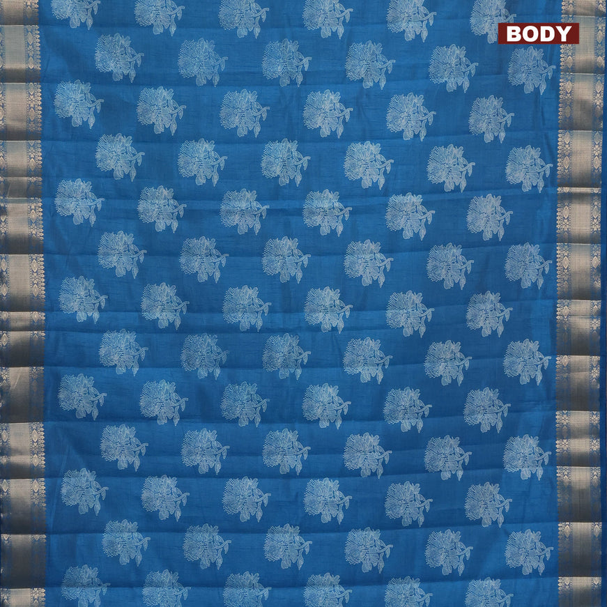 Semi raw silk saree peacock blue with floral butta prints and zari woven border