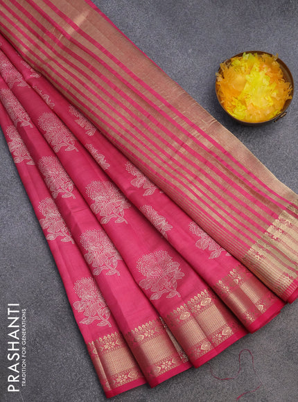 Semi raw silk saree pink with floral butta prints and zari woven border