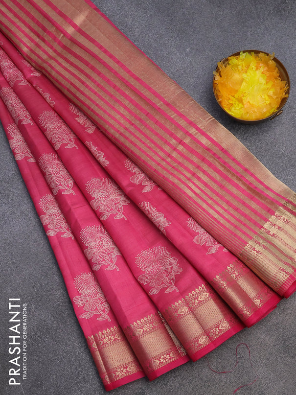 Semi raw silk saree pink with floral butta prints and zari woven border