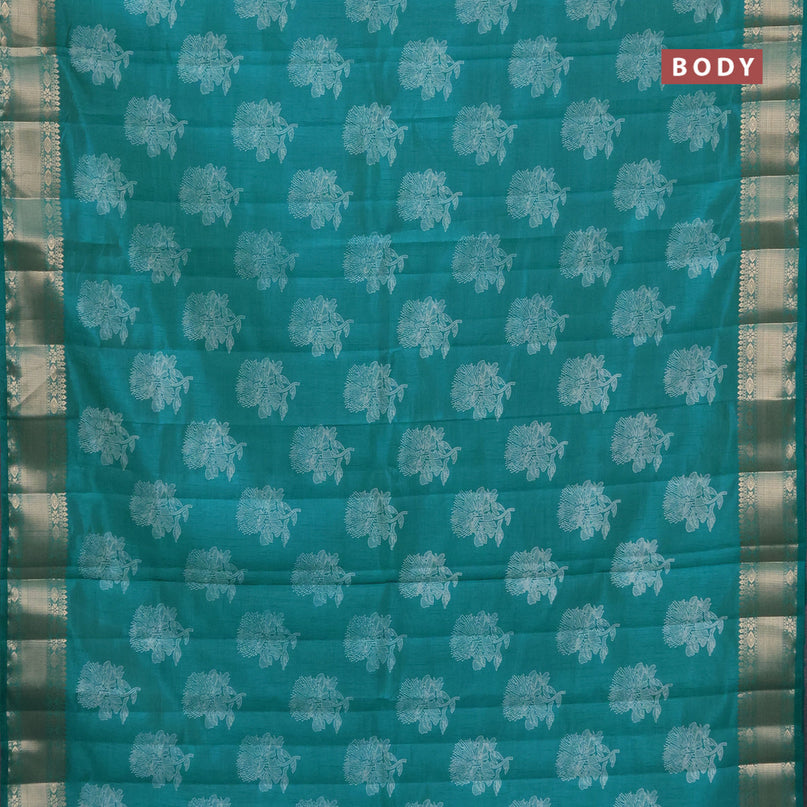 Semi raw silk saree teal blue with floral butta prints and zari woven border