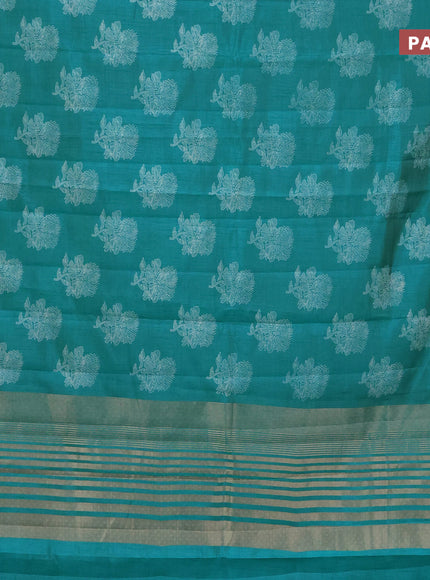 Semi raw silk saree teal blue with floral butta prints and zari woven border