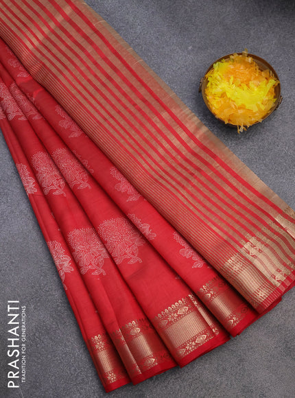 Semi raw silk saree red with floral butta prints and zari woven border