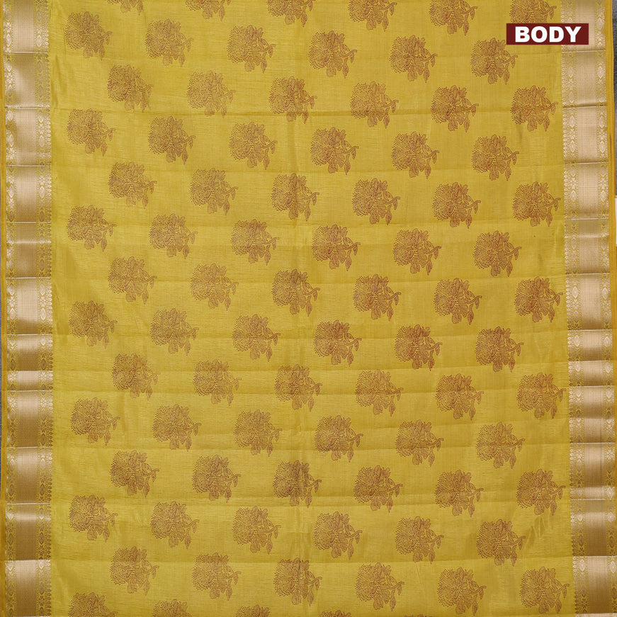 Semi raw silk saree yellow with floral butta prints and zari woven border