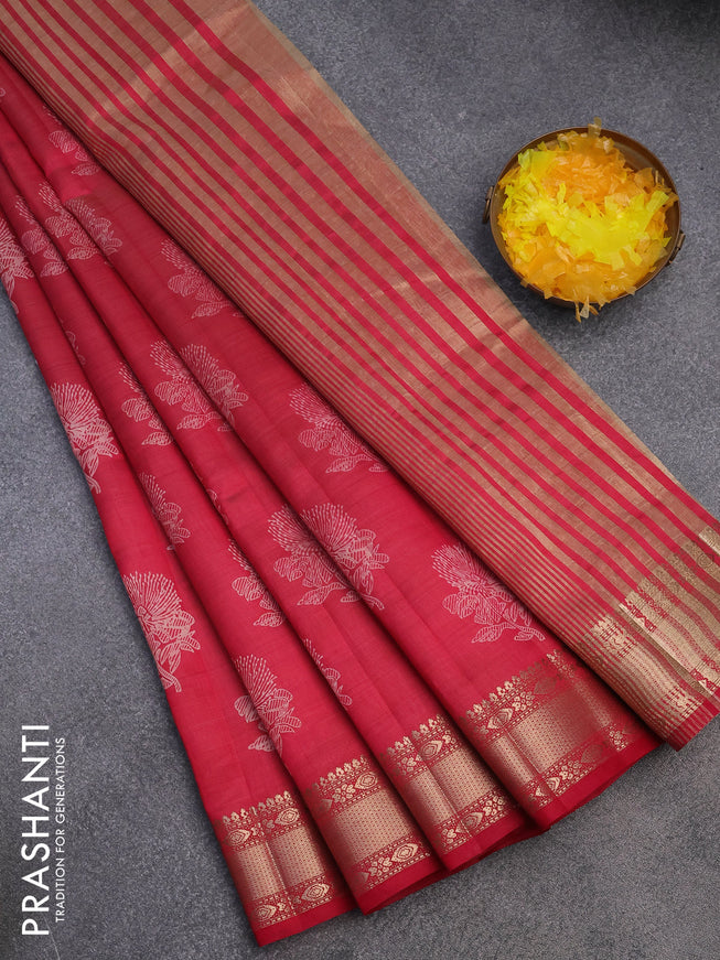 Semi raw silk saree pink with floral butta prints and zari woven border