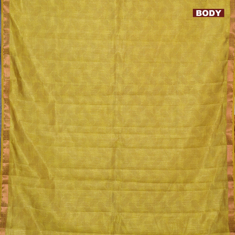 Semi raw silk saree yellow with allover prints and copper zari woven border