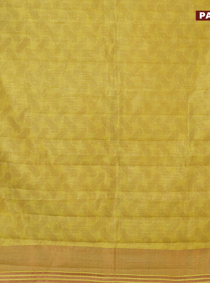 Semi raw silk saree yellow with allover prints and copper zari woven border