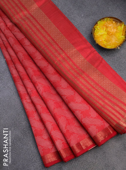 Semi raw silk saree red with allover prints and copper zari woven border