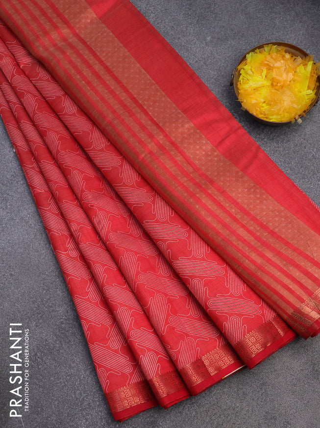 Semi raw silk saree red with allover prints and copper zari woven border