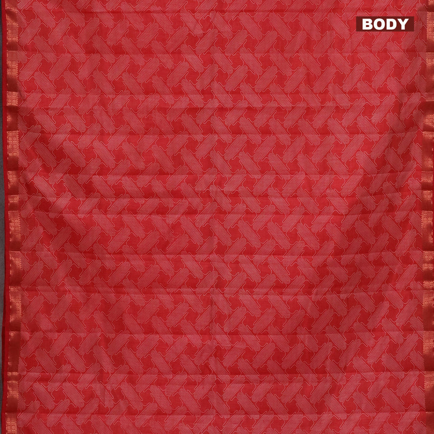 Semi raw silk saree red with allover prints and copper zari woven border