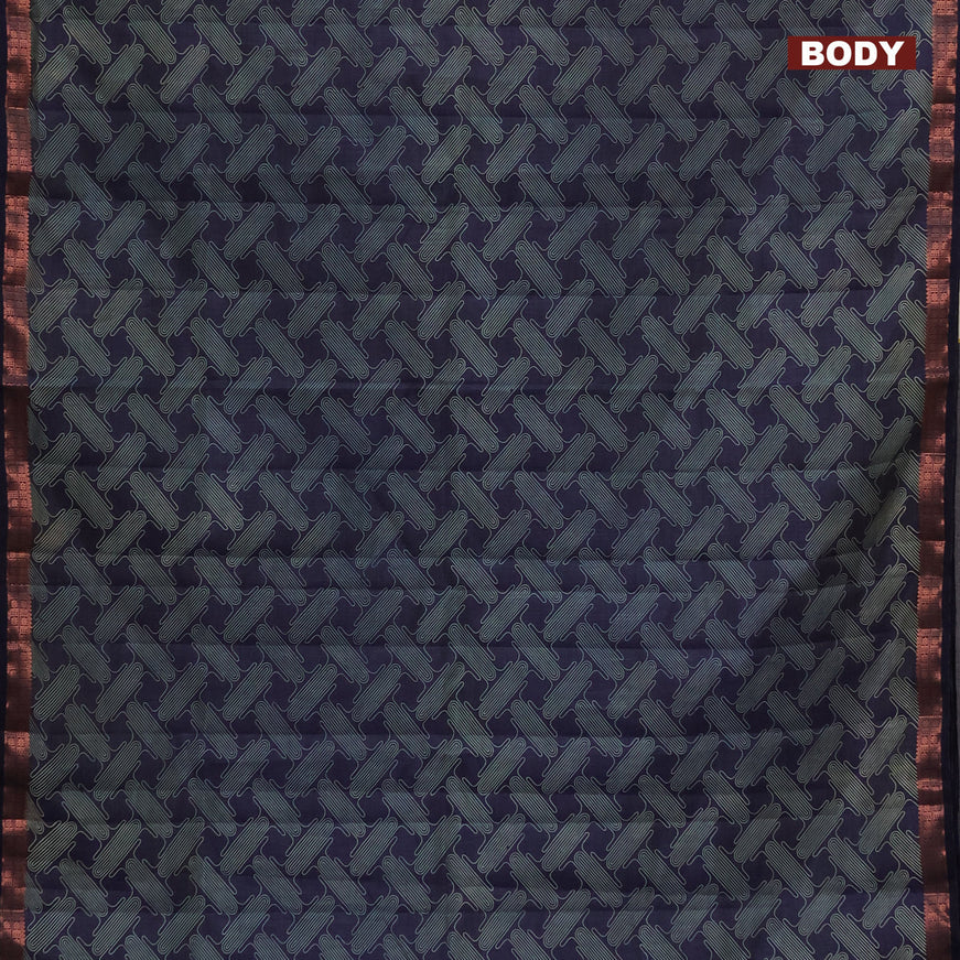 Semi raw silk saree navy blue with allover prints and copper zari woven border