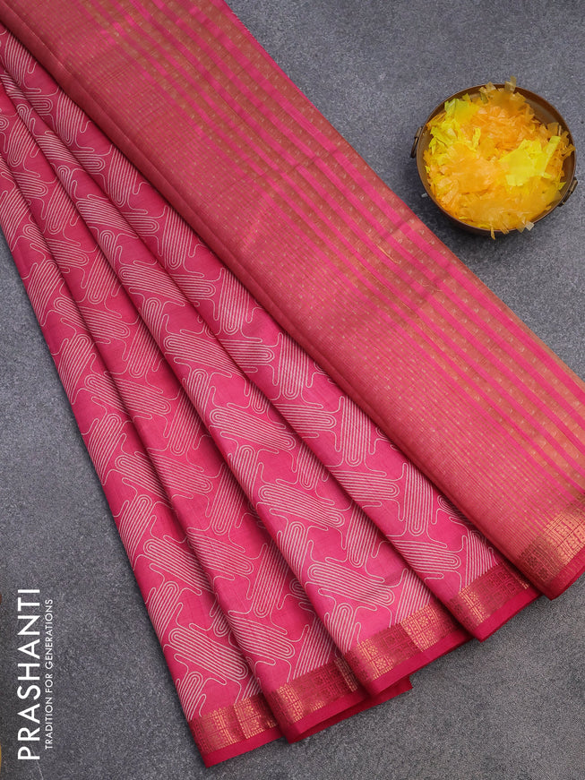 Semi raw silk saree pink with allover prints and copper zari woven border