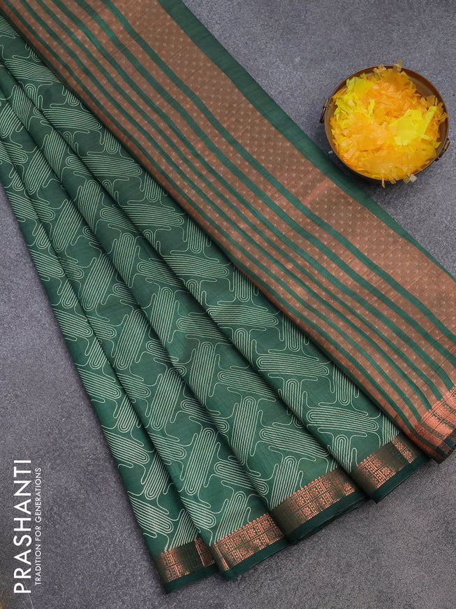 Semi raw silk saree dark green with allover prints and copper zari woven border