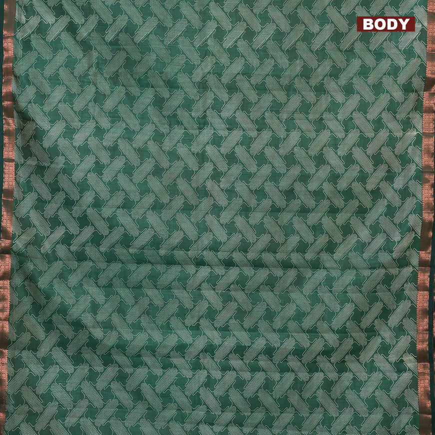 Semi raw silk saree dark green with allover prints and copper zari woven border