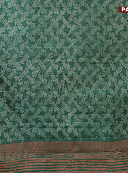 Semi raw silk saree dark green with allover prints and copper zari woven border