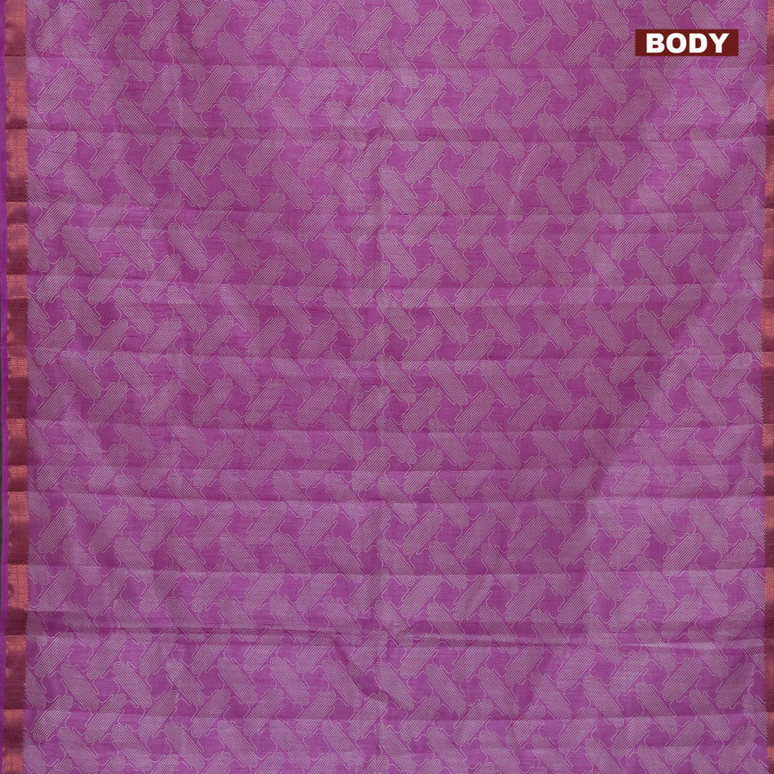 Semi raw silk saree lavebder with allover prints and copper zari woven border