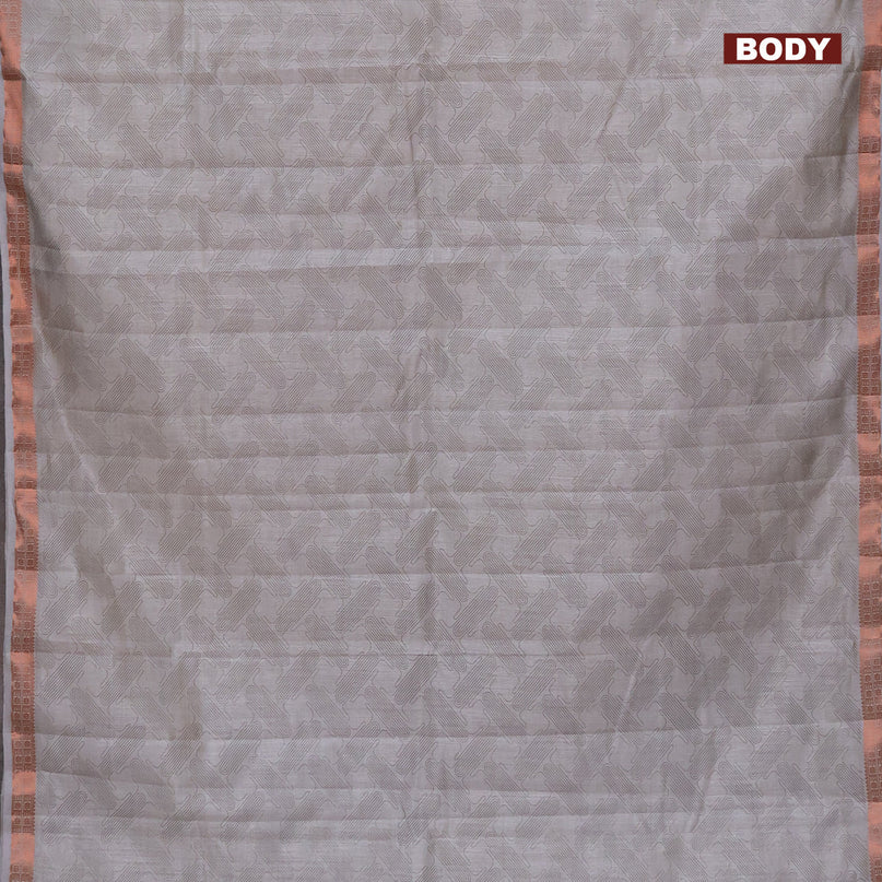 Semi raw silk saree pastel grey with allover prints and copper zari woven border