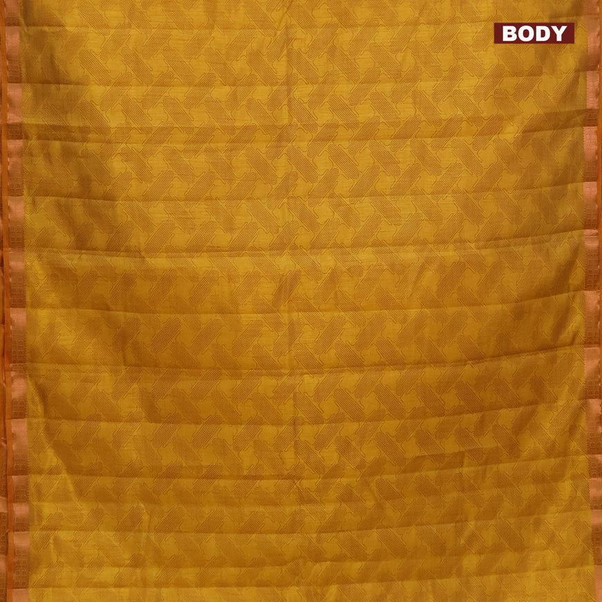 Semi raw silk saree mustard yellow with allover prints and copper zari woven border