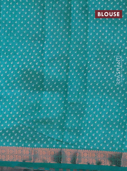 Semi raw silk saree teal blue shade with allover prints and copper zari woven border