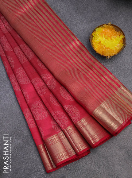 Semi raw silk saree reddish pink with butta prints and zari woven border