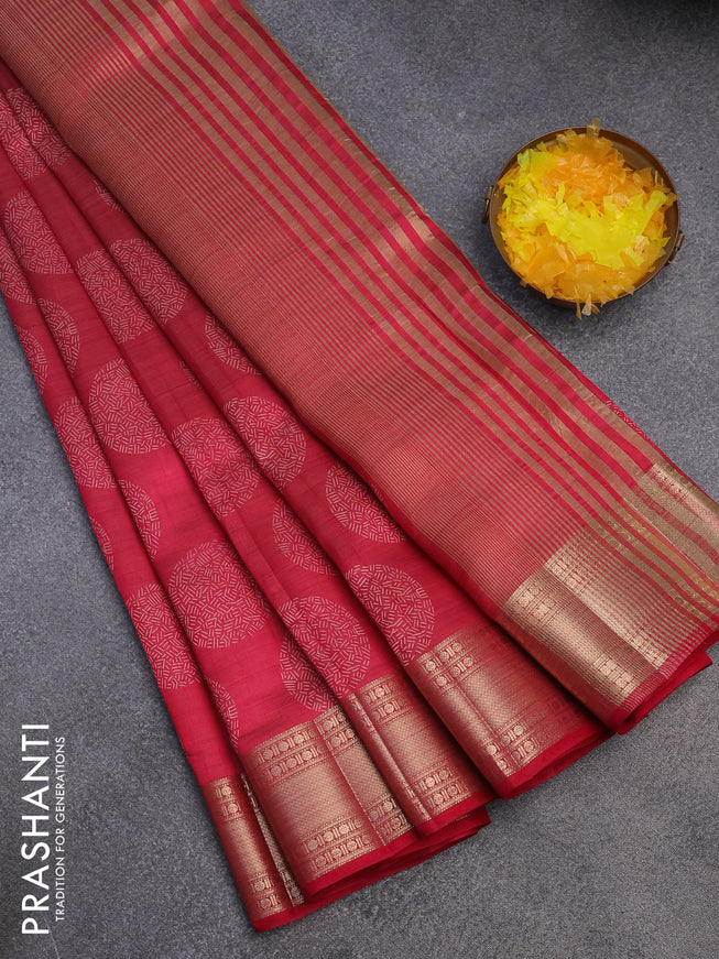 Semi raw silk saree reddish pink with butta prints and zari woven border