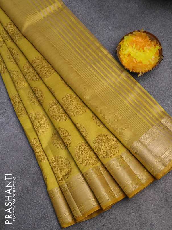 Semi raw silk saree yellow with butta prints and zari woven border