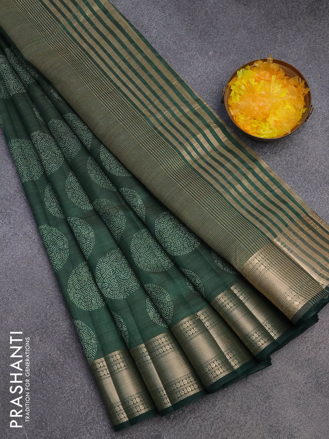 Semi raw silk saree bottle green with butta prints and zari woven border