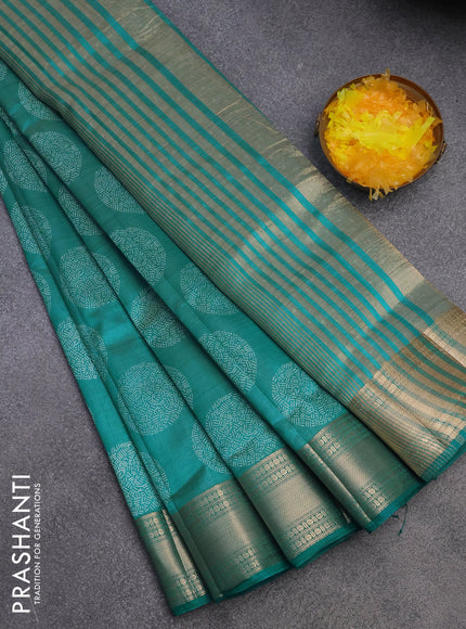 Semi raw silk saree teal blue shade with butta prints and zari woven border