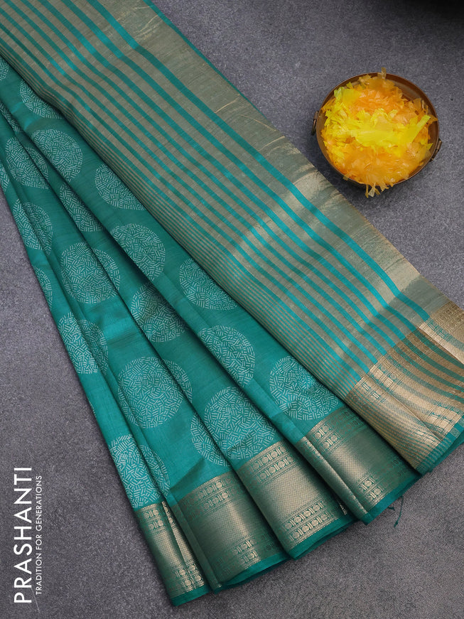 Semi raw silk saree teal blue shade with butta prints and zari woven border