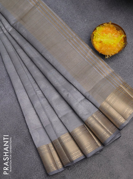 Semi raw silk saree grey with butta prints and zari woven border