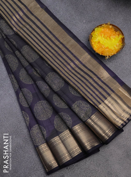 Semi raw silk saree navy blue with butta prints and zari woven border