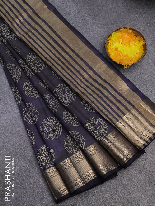 Semi raw silk saree navy blue with butta prints and zari woven border