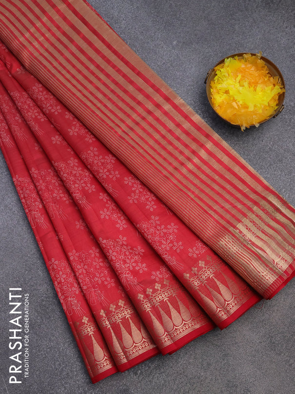 Semi raw silk saree red with floral butta prints and zari woven border