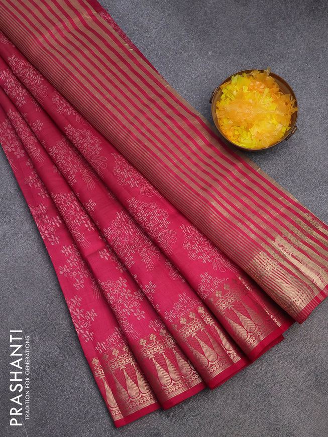 Semi raw silk saree dark pink with floral butta prints and zari woven border