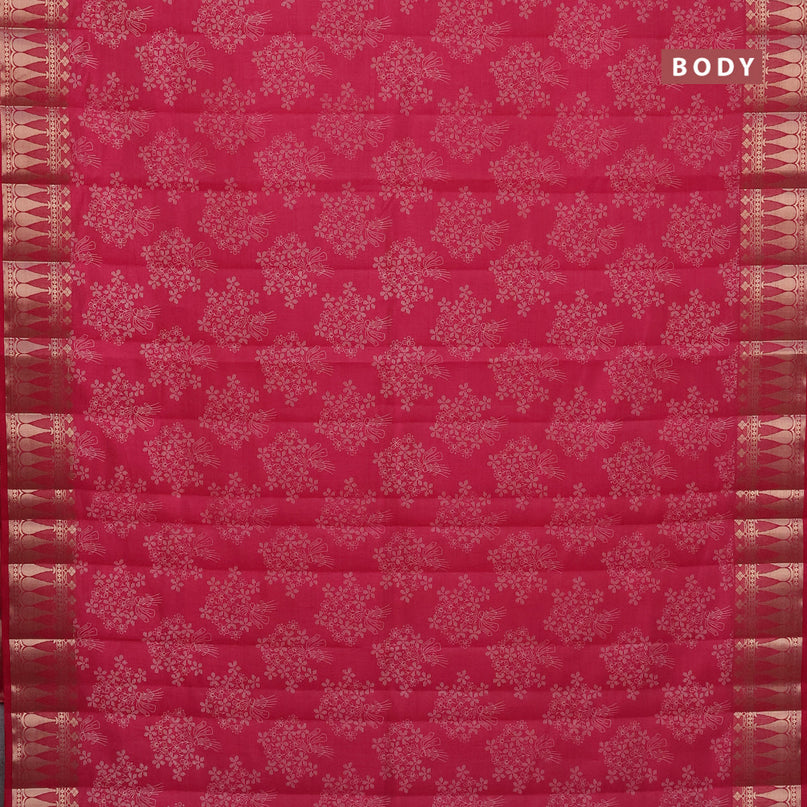 Semi raw silk saree dark pink with floral butta prints and zari woven border