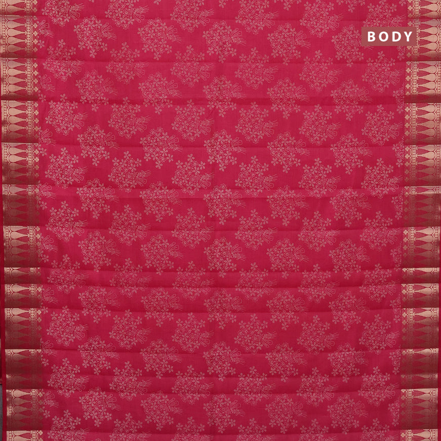 Semi raw silk saree dark pink with floral butta prints and zari woven border