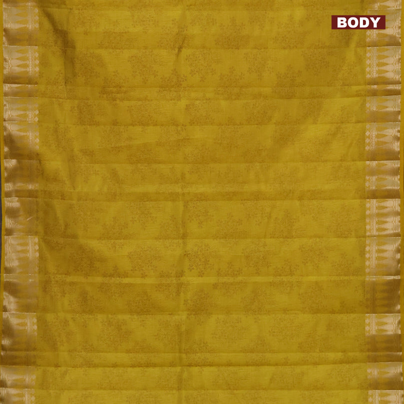 Semi raw silk saree mustard yellow with floral butta prints and zari woven border