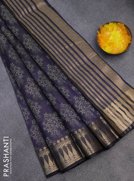 Semi raw silk saree navy blue with floral butta prints and zari woven border