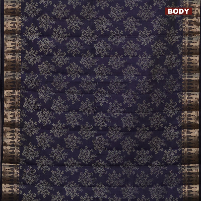 Semi raw silk saree navy blue with floral butta prints and zari woven border