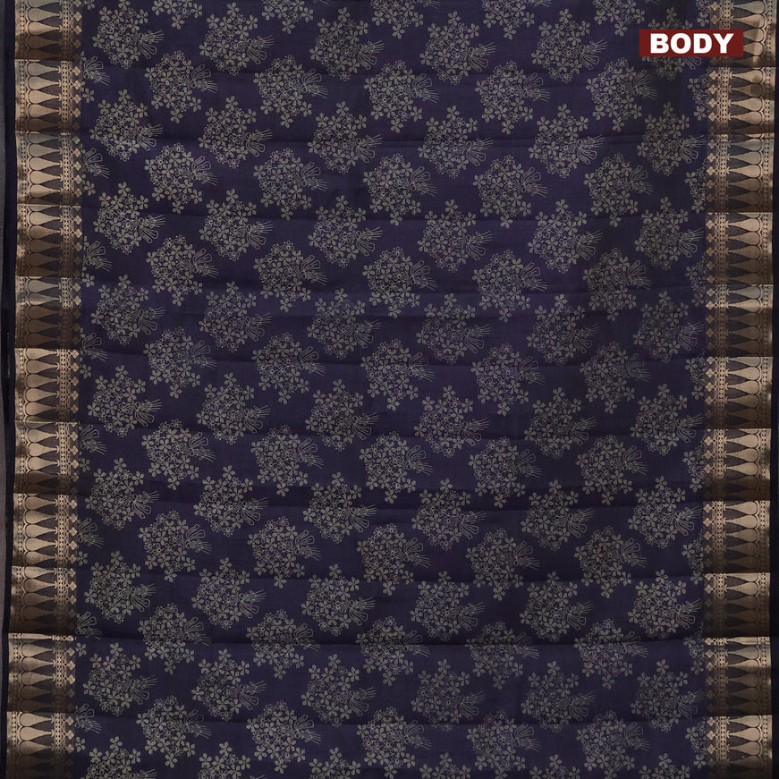 Semi raw silk saree navy blue with floral butta prints and zari woven border