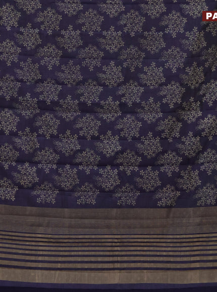 Semi raw silk saree navy blue with floral butta prints and zari woven border