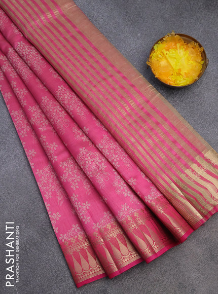 Semi raw silk saree pink with floral butta prints and zari woven border