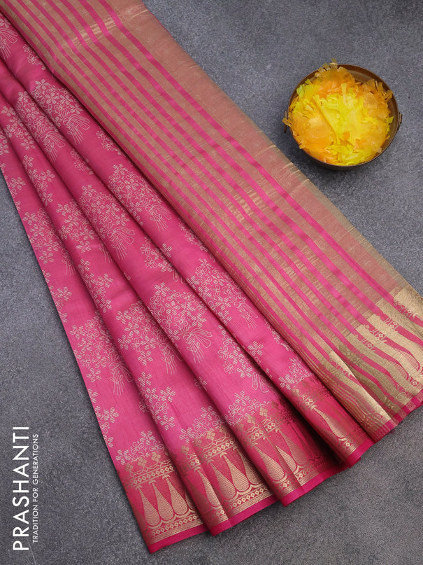 Semi raw silk saree pink with floral butta prints and zari woven border