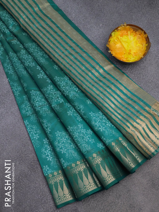 Semi raw silk saree teal green with floral butta prints and zari woven border